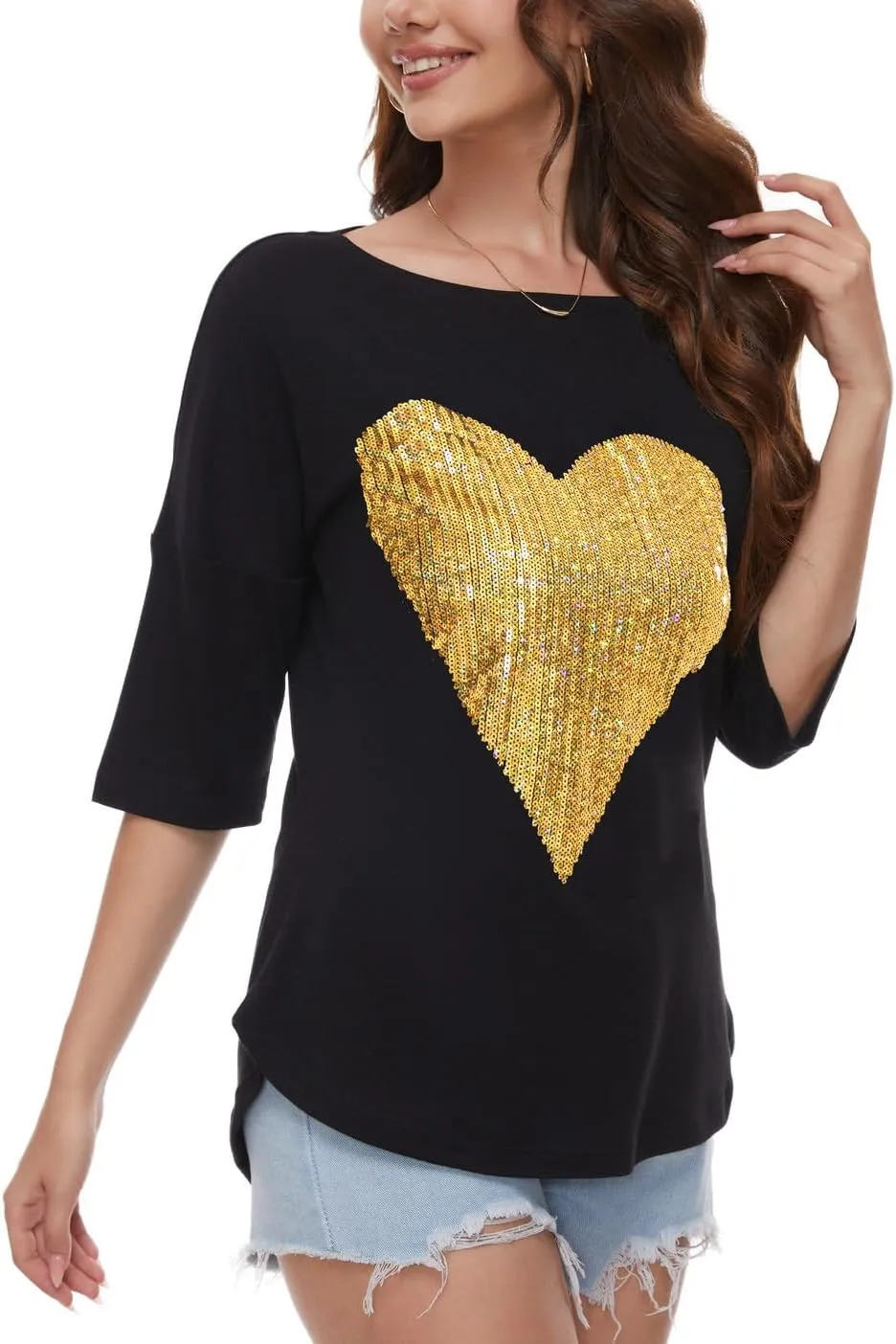 PESION Women's Sparkly Sequin Heart Love Shirts 3/4 Sleeve Loose Tunic Tops Boat Neck Love T-Shirt Tees
