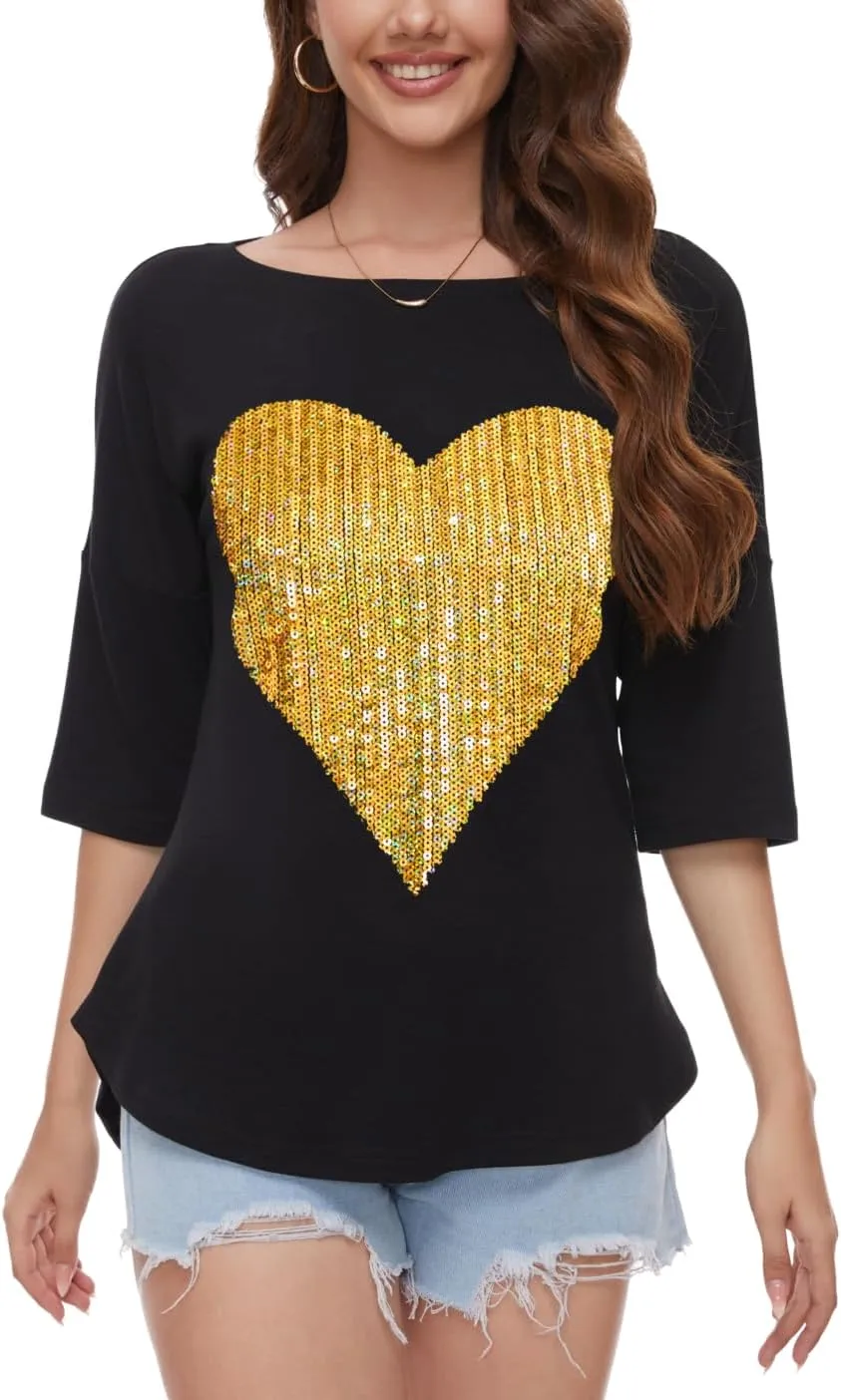 PESION Women's Sparkly Sequin Heart Love Shirts 3/4 Sleeve Loose Tunic Tops Boat Neck Love T-Shirt Tees