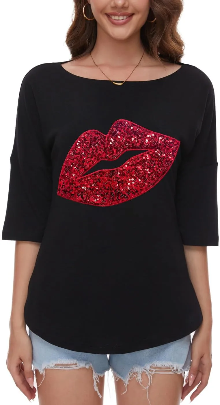 PESION Women's Sparkly Sequin Heart Love Shirts 3/4 Sleeve Loose Tunic Tops Boat Neck Love T-Shirt Tees