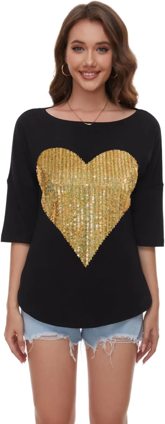 PESION Women's Sparkly Sequin Heart Love Shirts 3/4 Sleeve Loose Tunic Tops Boat Neck Love T-Shirt Tees