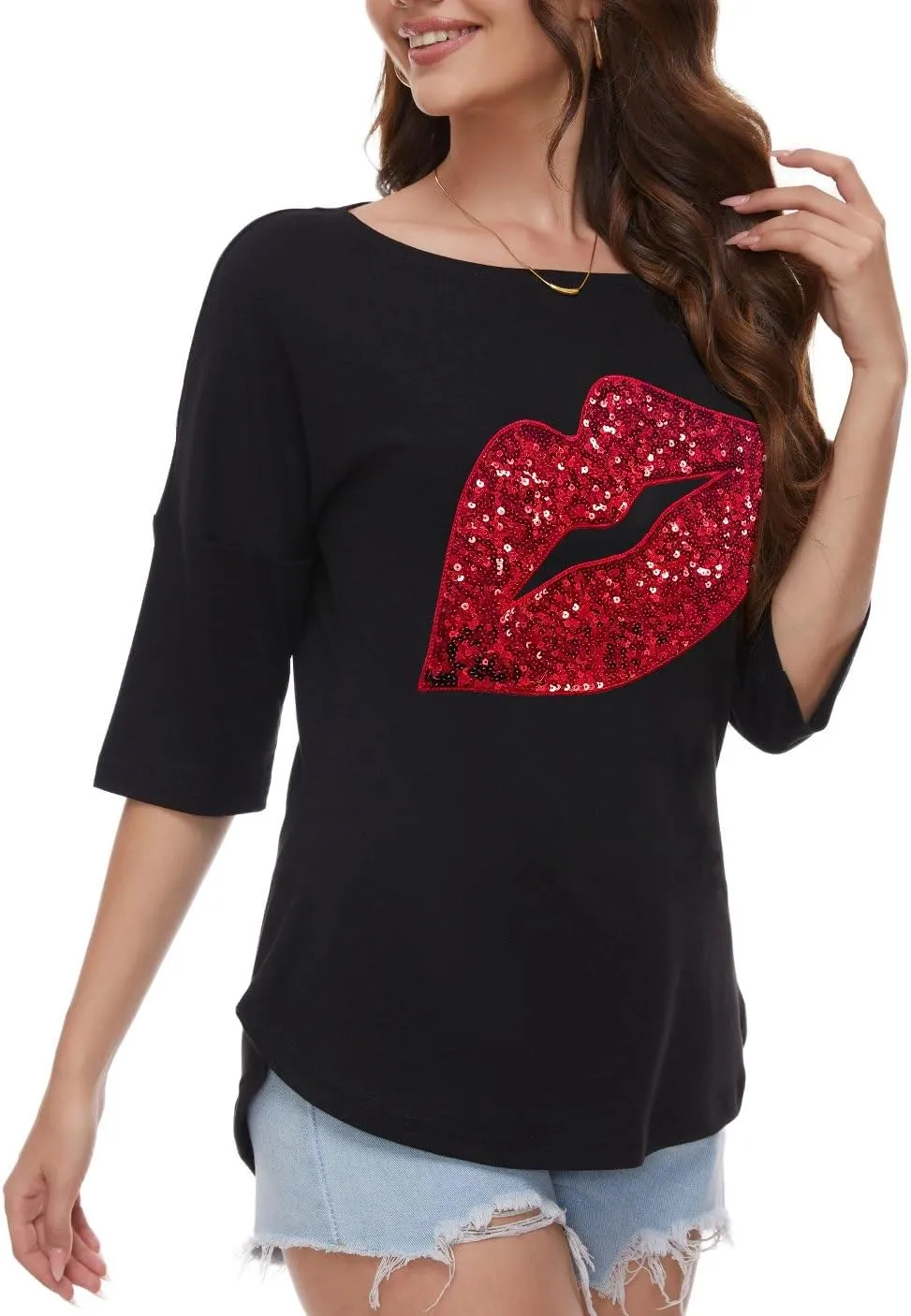 PESION Women's Sparkly Sequin Heart Love Shirts 3/4 Sleeve Loose Tunic Tops Boat Neck Love T-Shirt Tees