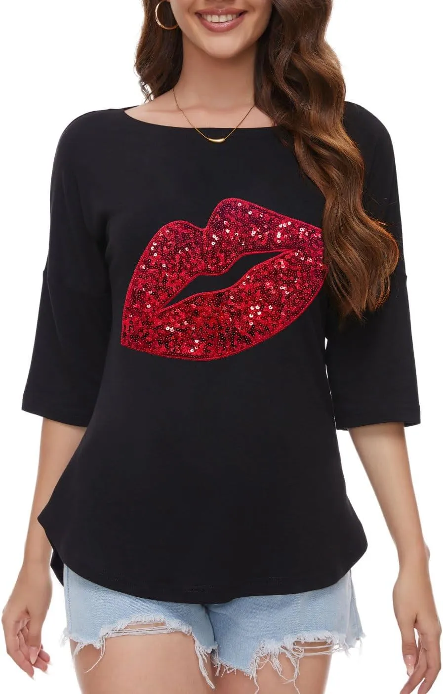 PESION Women's Sparkly Sequin Heart Love Shirts 3/4 Sleeve Loose Tunic Tops Boat Neck Love T-Shirt Tees