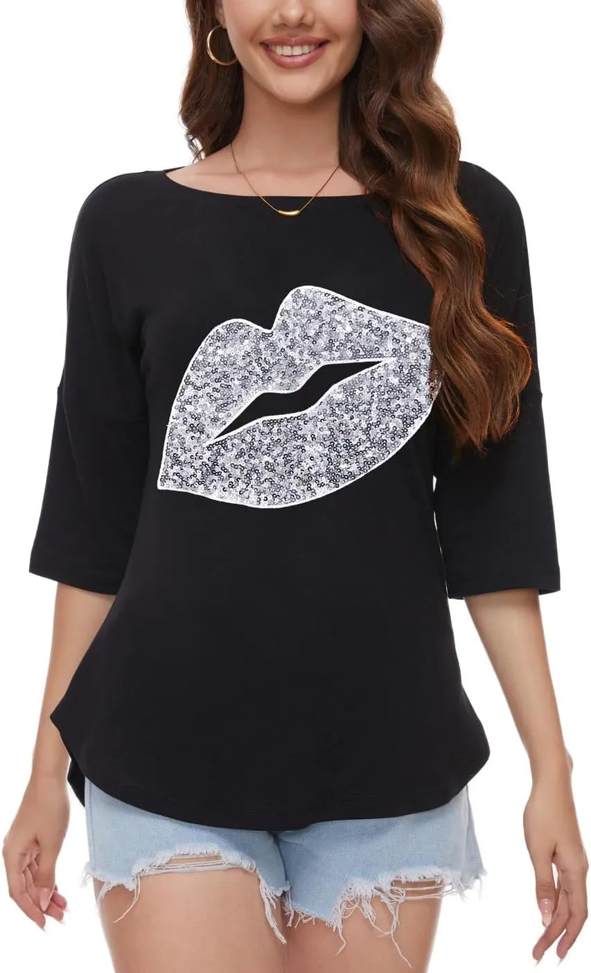 PESION Women's Sparkly Sequin Heart Love Shirts 3/4 Sleeve Loose Tunic Tops Boat Neck Love T-Shirt Tees