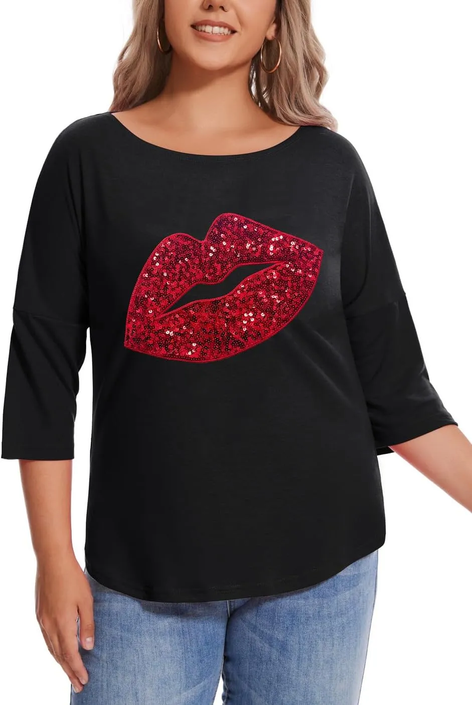 PESION Women's Sparkly Sequin Heart Love Shirts 3/4 Sleeve Loose Tunic Tops Boat Neck Love T-Shirt Tees