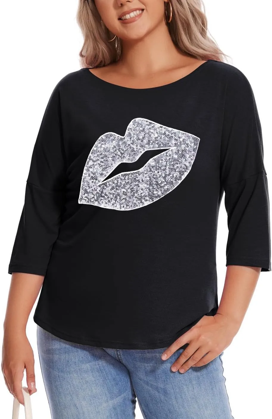PESION Women's Sparkly Sequin Heart Love Shirts 3/4 Sleeve Loose Tunic Tops Boat Neck Love T-Shirt Tees