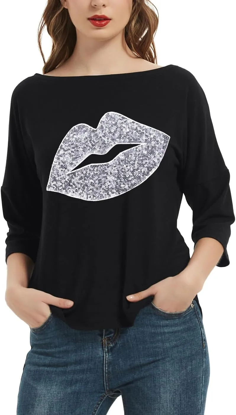 PESION Women's Sparkly Sequin Heart Love Shirts 3/4 Sleeve Loose Tunic Tops Boat Neck Love T-Shirt Tees