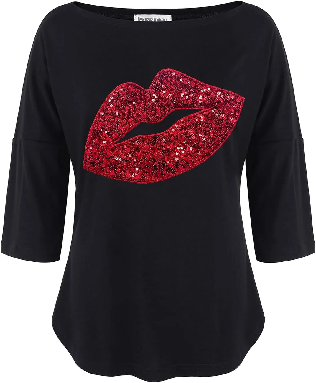 PESION Women's Sparkly Sequin Heart Love Shirts 3/4 Sleeve Loose Tunic Tops Boat Neck Love T-Shirt Tees