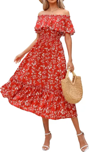 Prettywear Women's 2025 Spring Summer Boho Off Shoulder Midi Dress Floral Short Sleeve A Line Casual Beach Vacation Dresses