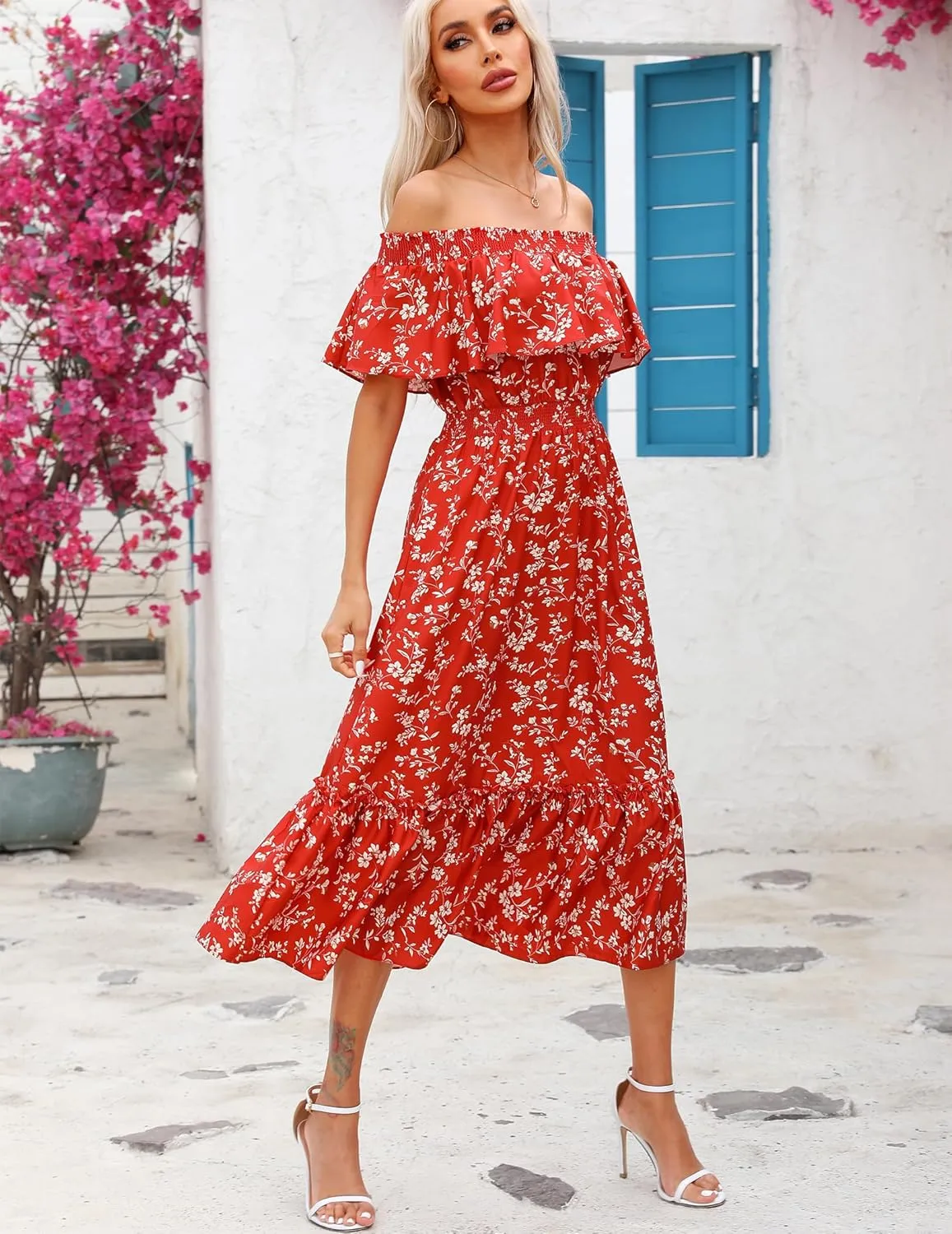 Prettywear Women's 2025 Spring Summer Boho Off Shoulder Midi Dress Floral Short Sleeve A Line Casual Beach Vacation Dresses