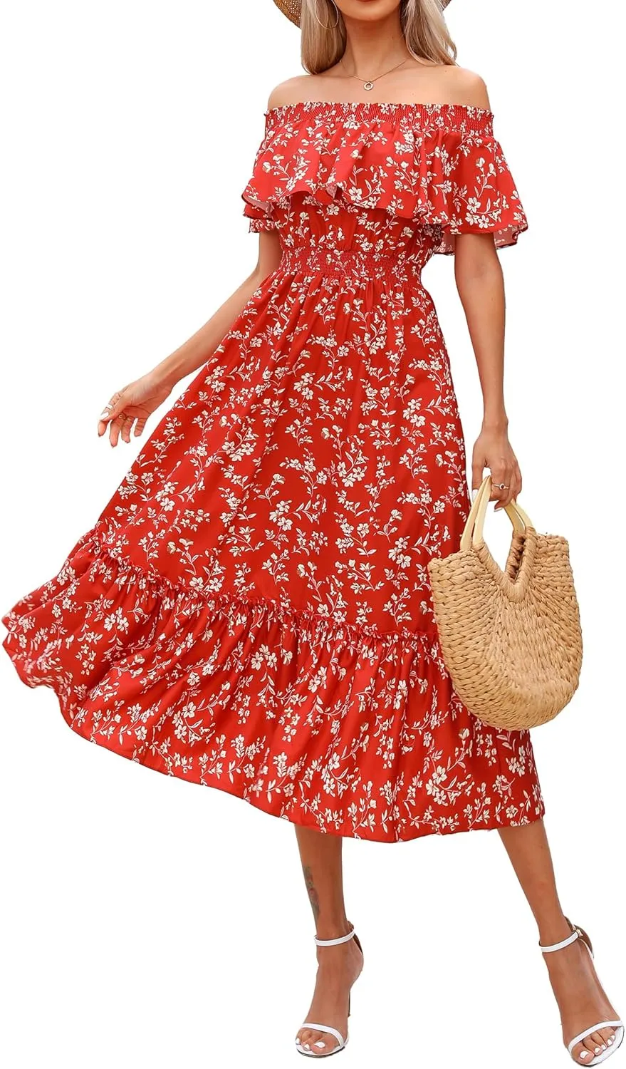 Prettywear Women's 2025 Spring Summer Boho Off Shoulder Midi Dress Floral Short Sleeve A Line Casual Beach Vacation Dresses