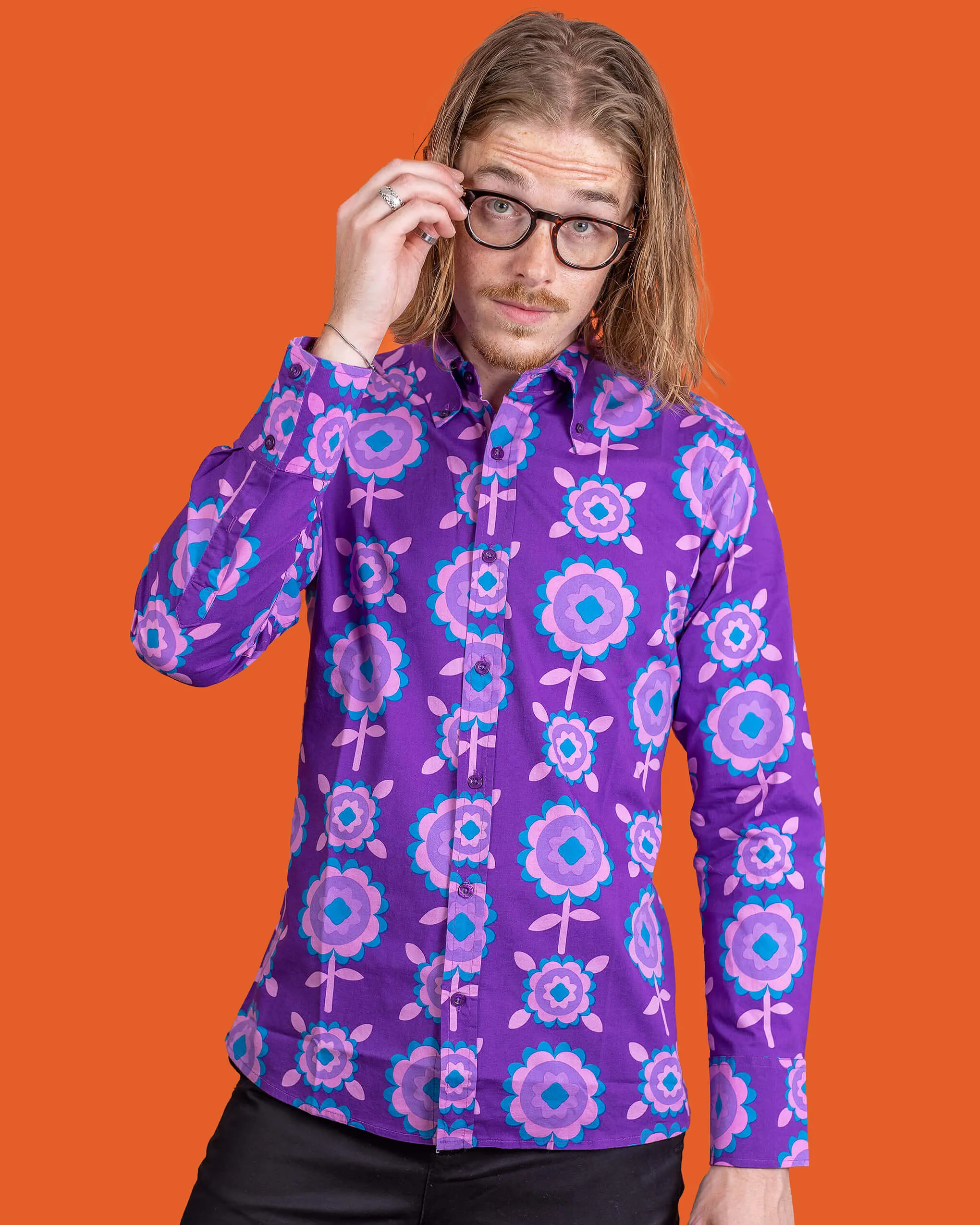 Purple Retro Flowers Long Sleeve Shirt
