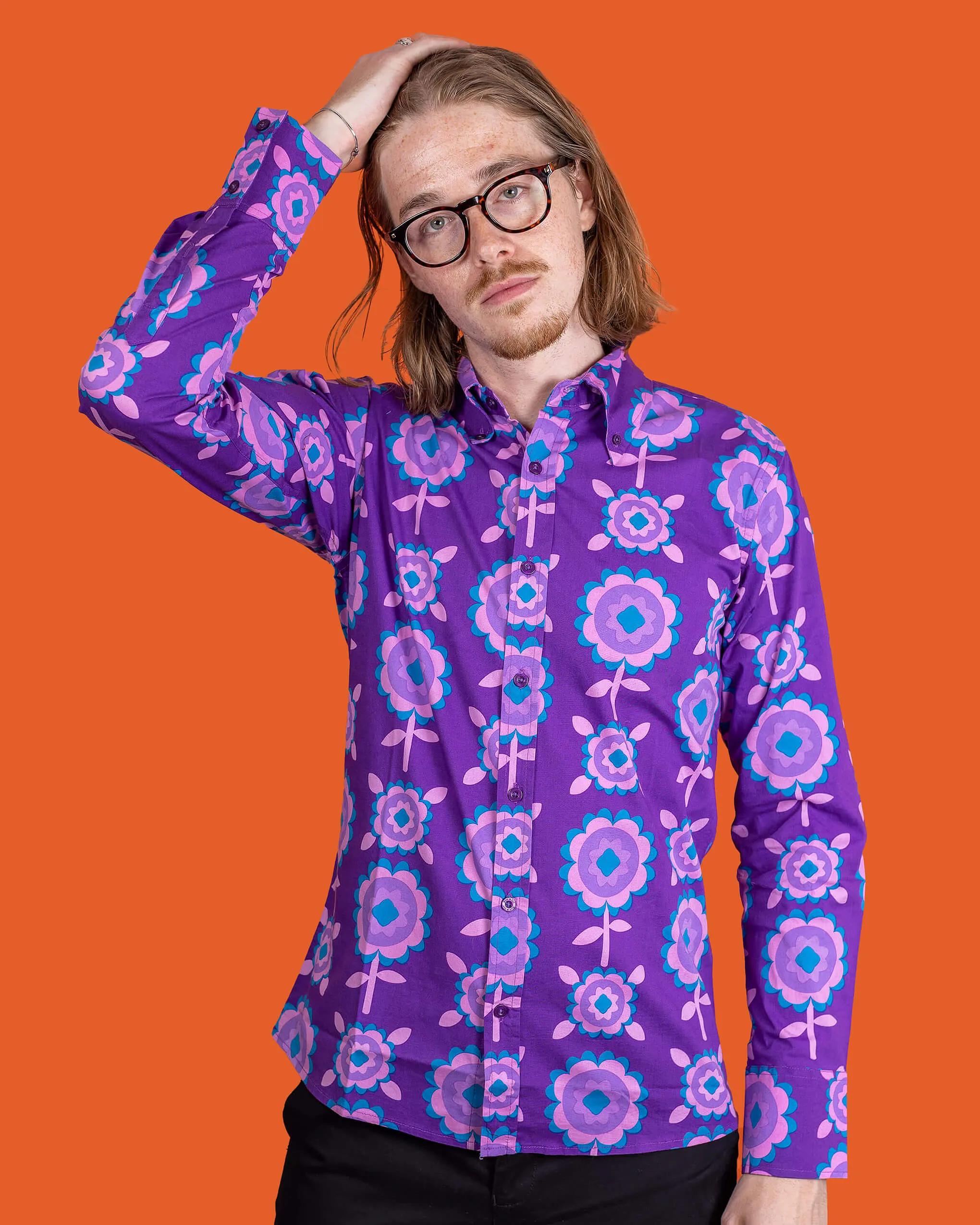 Purple Retro Flowers Long Sleeve Shirt