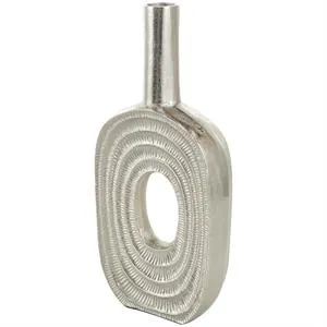 Silver Aluminum Circular Vase with Linear Etchings - 7" X 2" X 16"