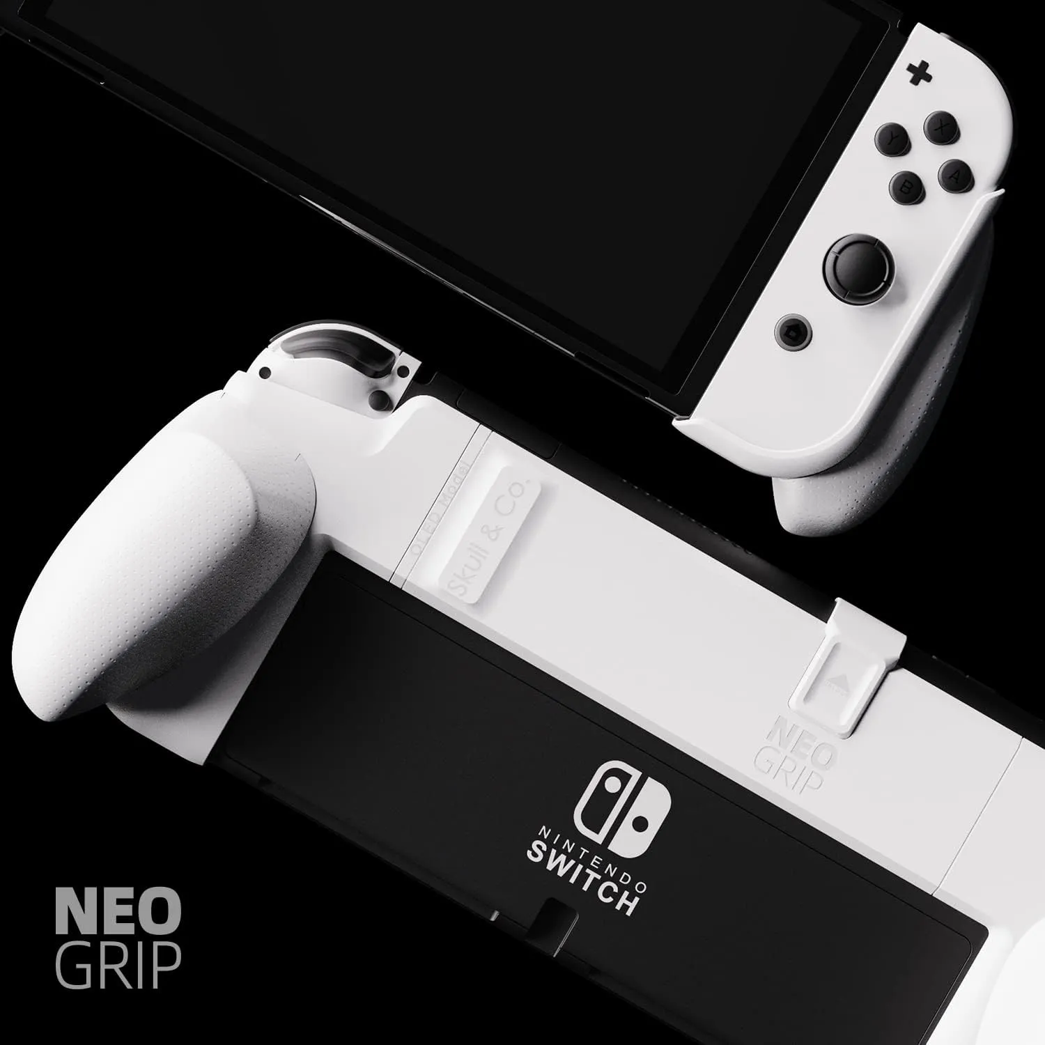 Skull & Co. NeoGrip: an Ergonomic Grip Hard Shell with Replaceable Grips [to fit All Hands Sizes] for Nintendo Switch OLED and Regular Model [No Carrying Case] - Neon Blue(L) Neon Red(R)
