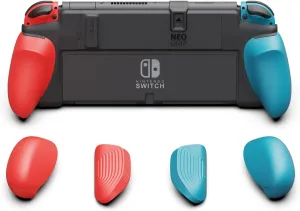 Skull & Co. NeoGrip: an Ergonomic Grip Hard Shell with Replaceable Grips [to fit All Hands Sizes] for Nintendo Switch OLED and Regular Model [No Carrying Case] - Neon Blue(L) Neon Red(R)