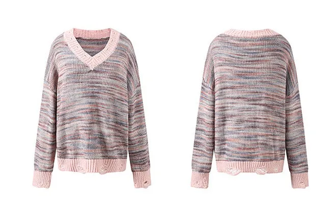 Soote Season women's retro lazy wind knitwear broken hole gradient V-neck sweater women