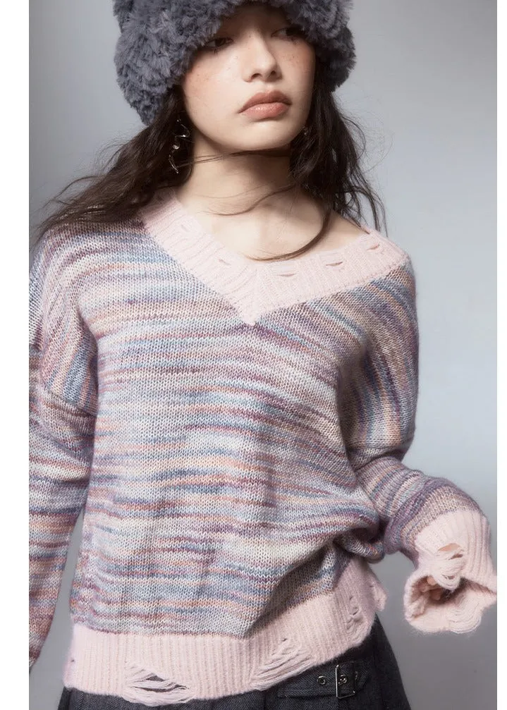 Soote Season women's retro lazy wind knitwear broken hole gradient V-neck sweater women