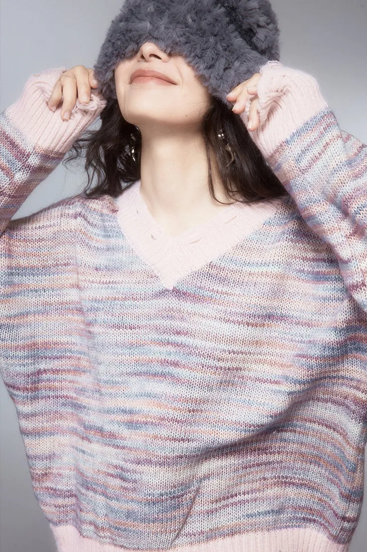 Soote Season women's retro lazy wind knitwear broken hole gradient V-neck sweater women