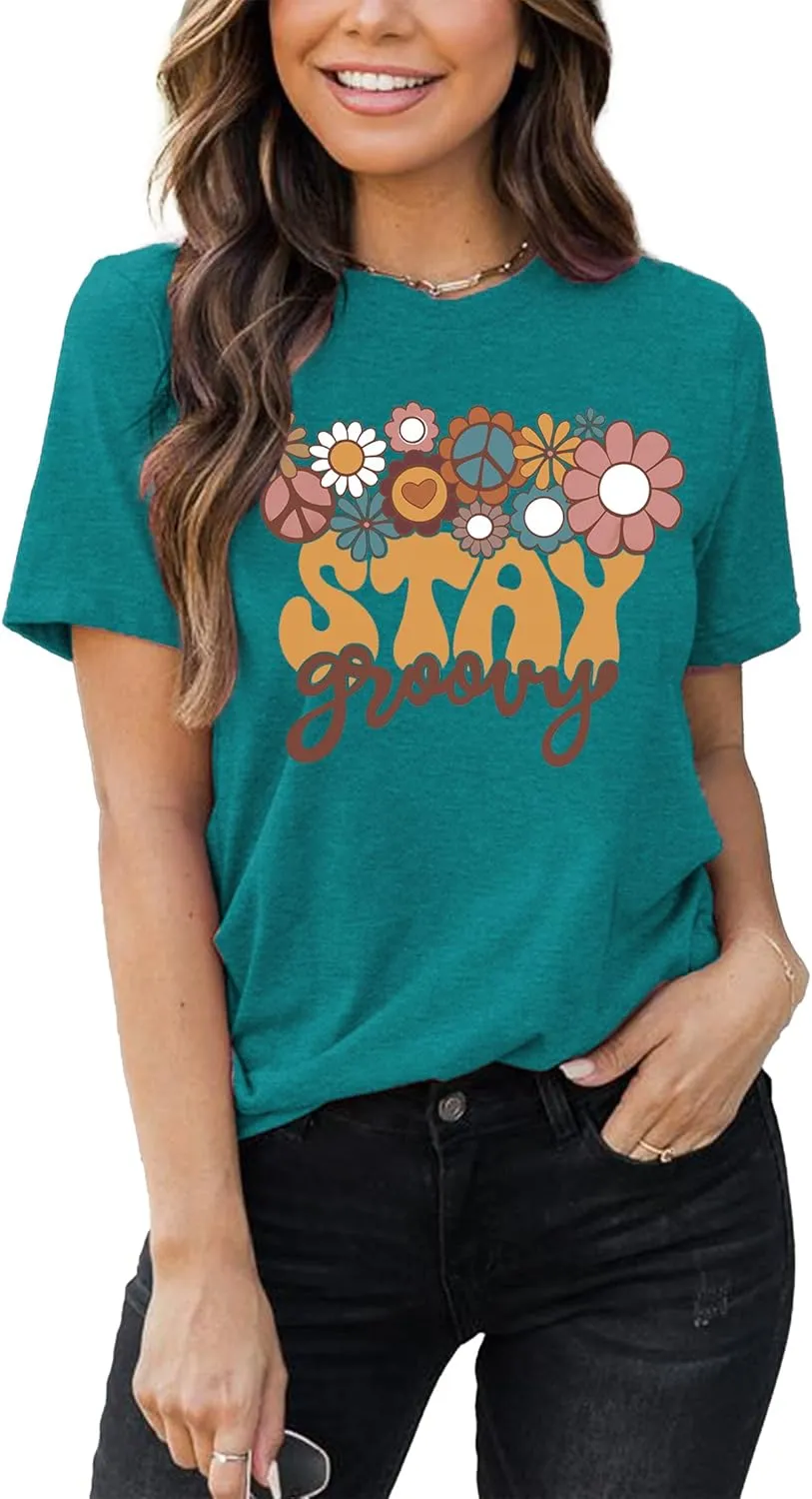 Stay Groovy Shirt for Womens Floral Graphic Retro Shirts Hippie 70s Tee Summer Tee Tops