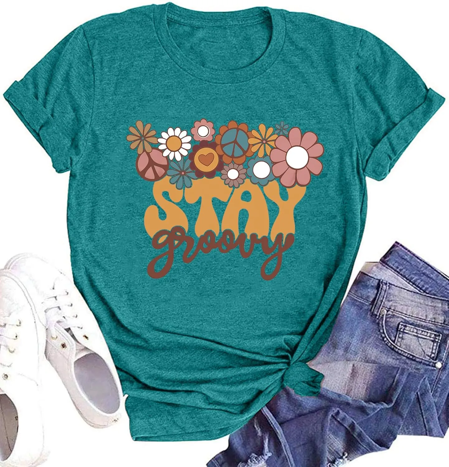 Stay Groovy Shirt for Womens Floral Graphic Retro Shirts Hippie 70s Tee Summer Tee Tops