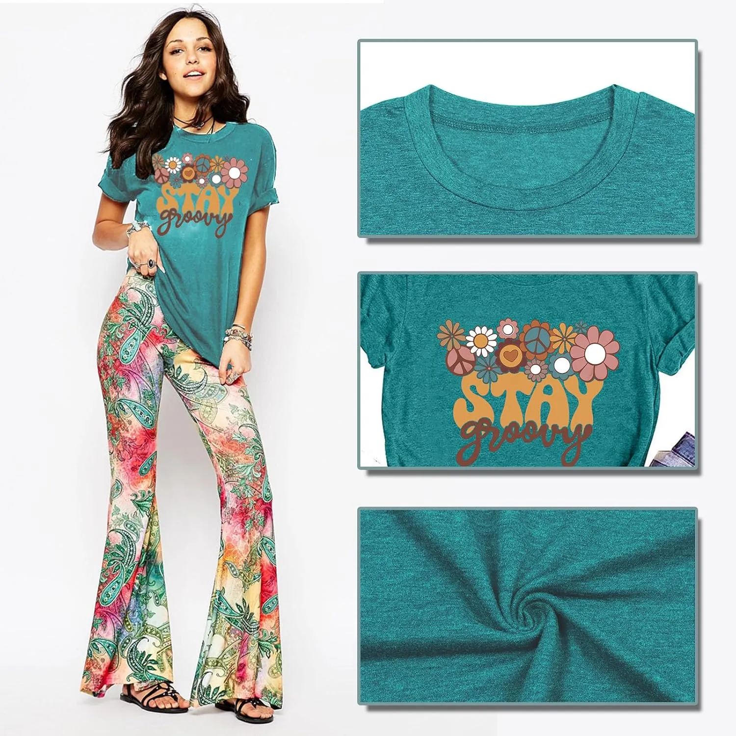 Stay Groovy Shirt for Womens Floral Graphic Retro Shirts Hippie 70s Tee Summer Tee Tops