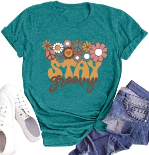 Stay Groovy Shirt for Womens Floral Graphic Retro Shirts Hippie 70s Tee Summer Tee Tops