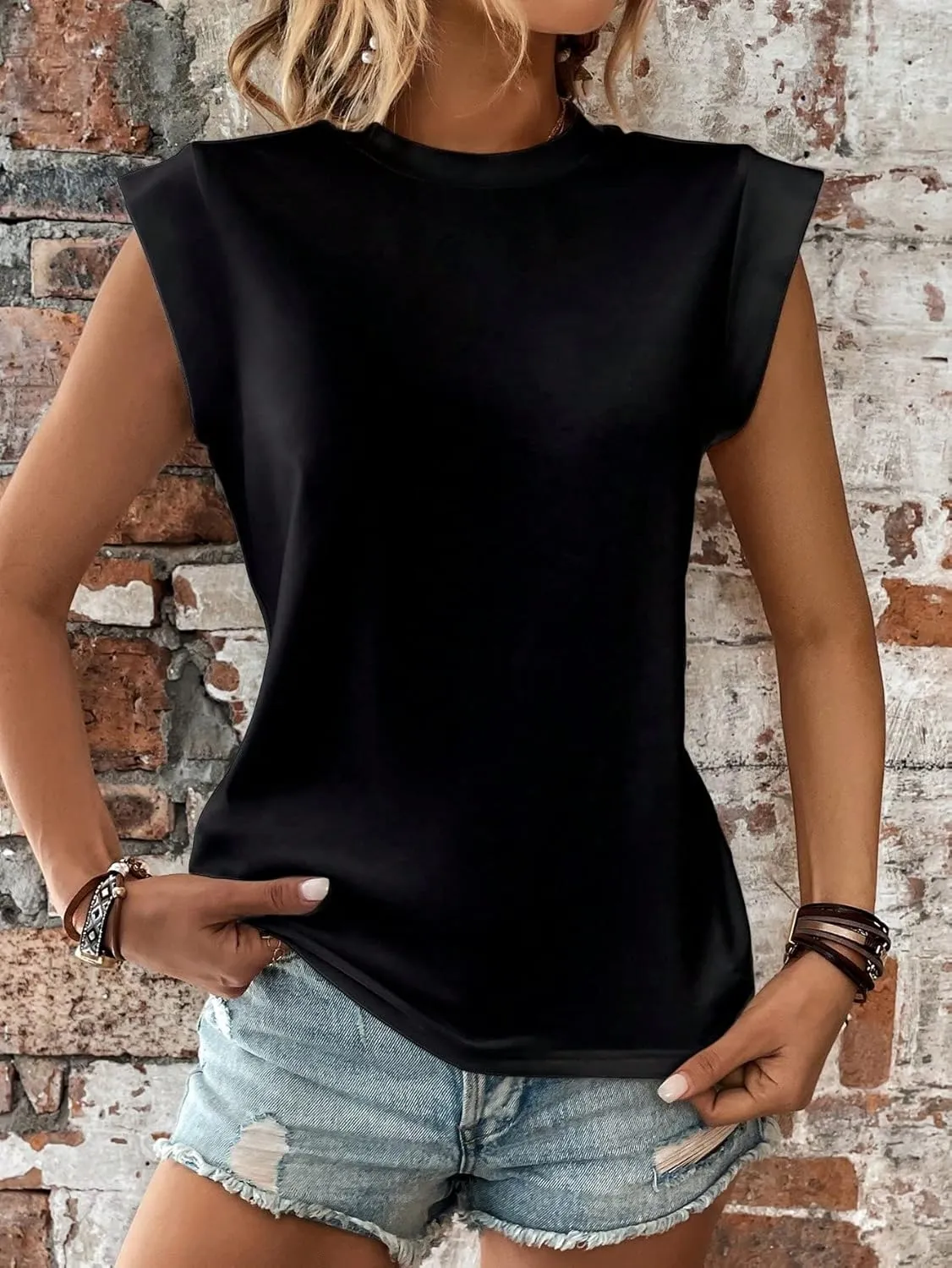 SweatyRocks Women's Casual Cap Sleeve Crewneck Plain T Shirt Basic Summer Pullover Tee Top