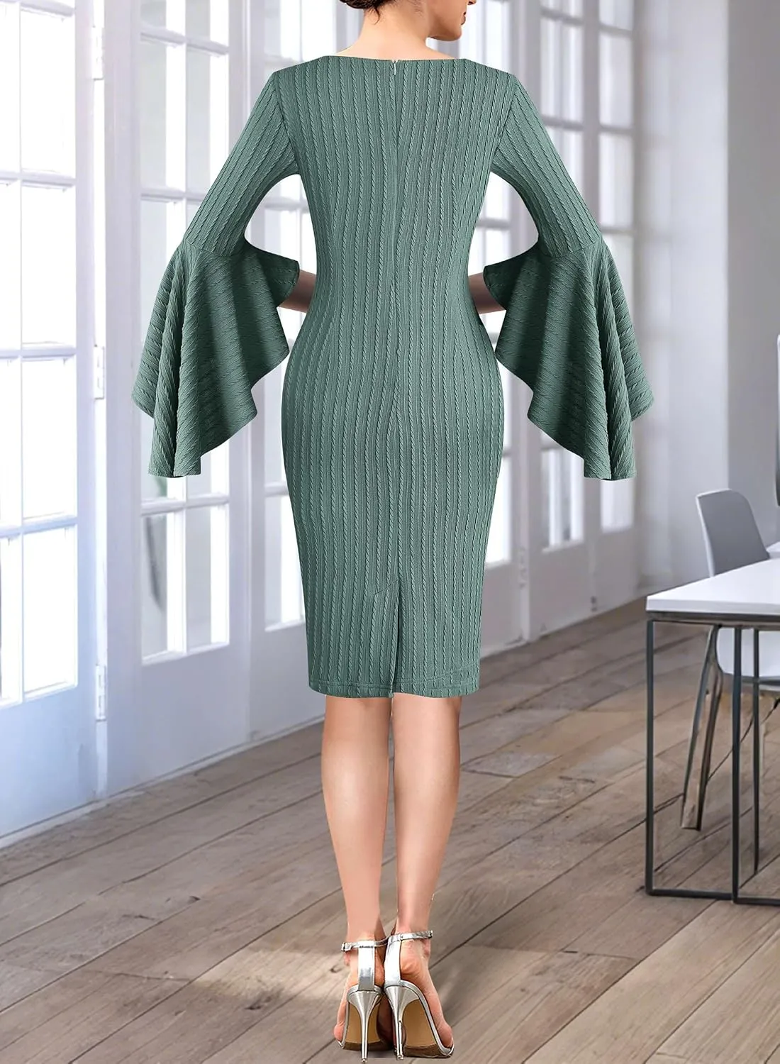 VFSHOW Womens Ruffle Bell Sleeves Business Cocktail Party Bodycon Pencil Sheath Dress