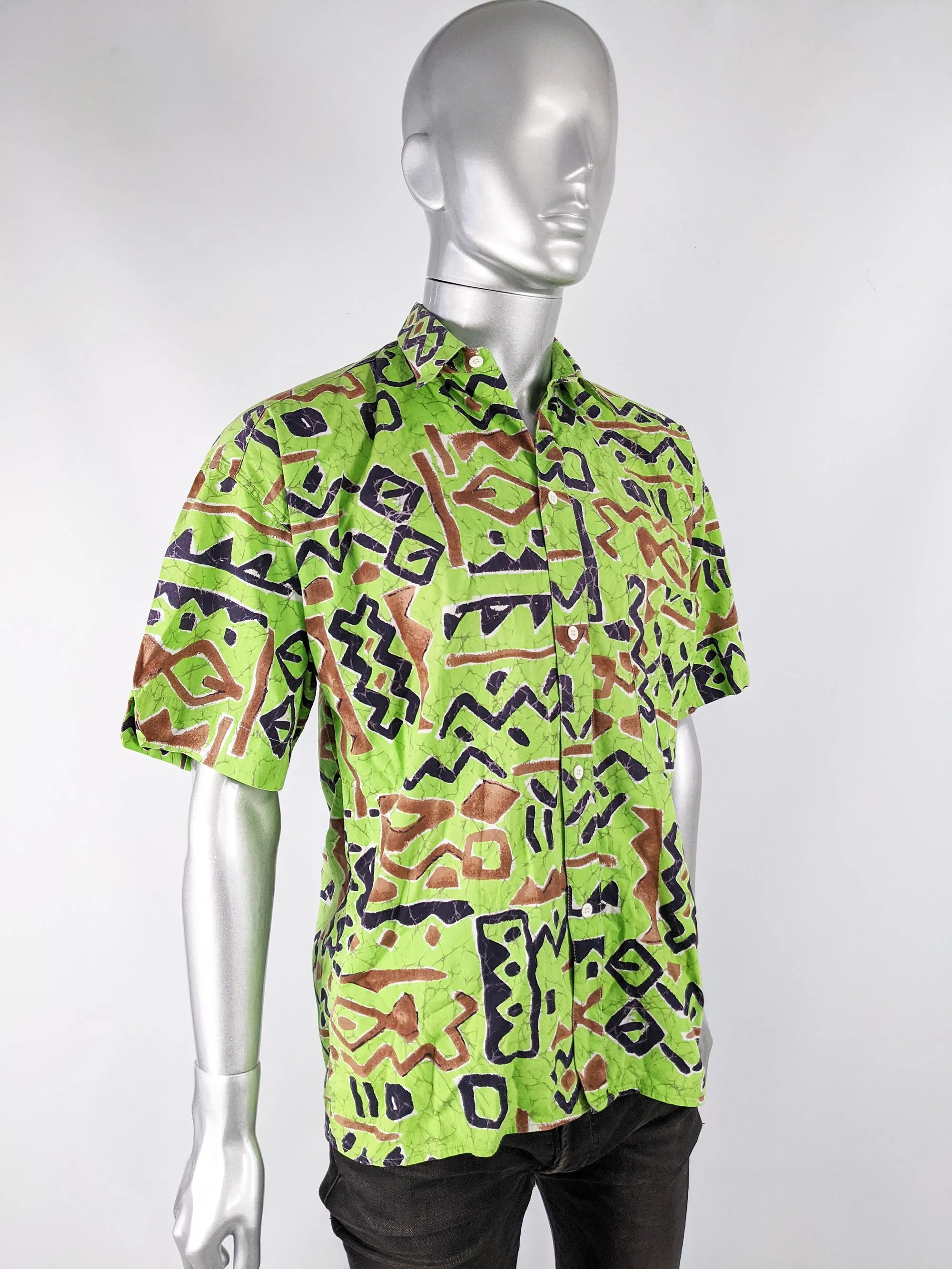 Vintage Mens Green Abstract Print Hawaiian Shirt, 1980s