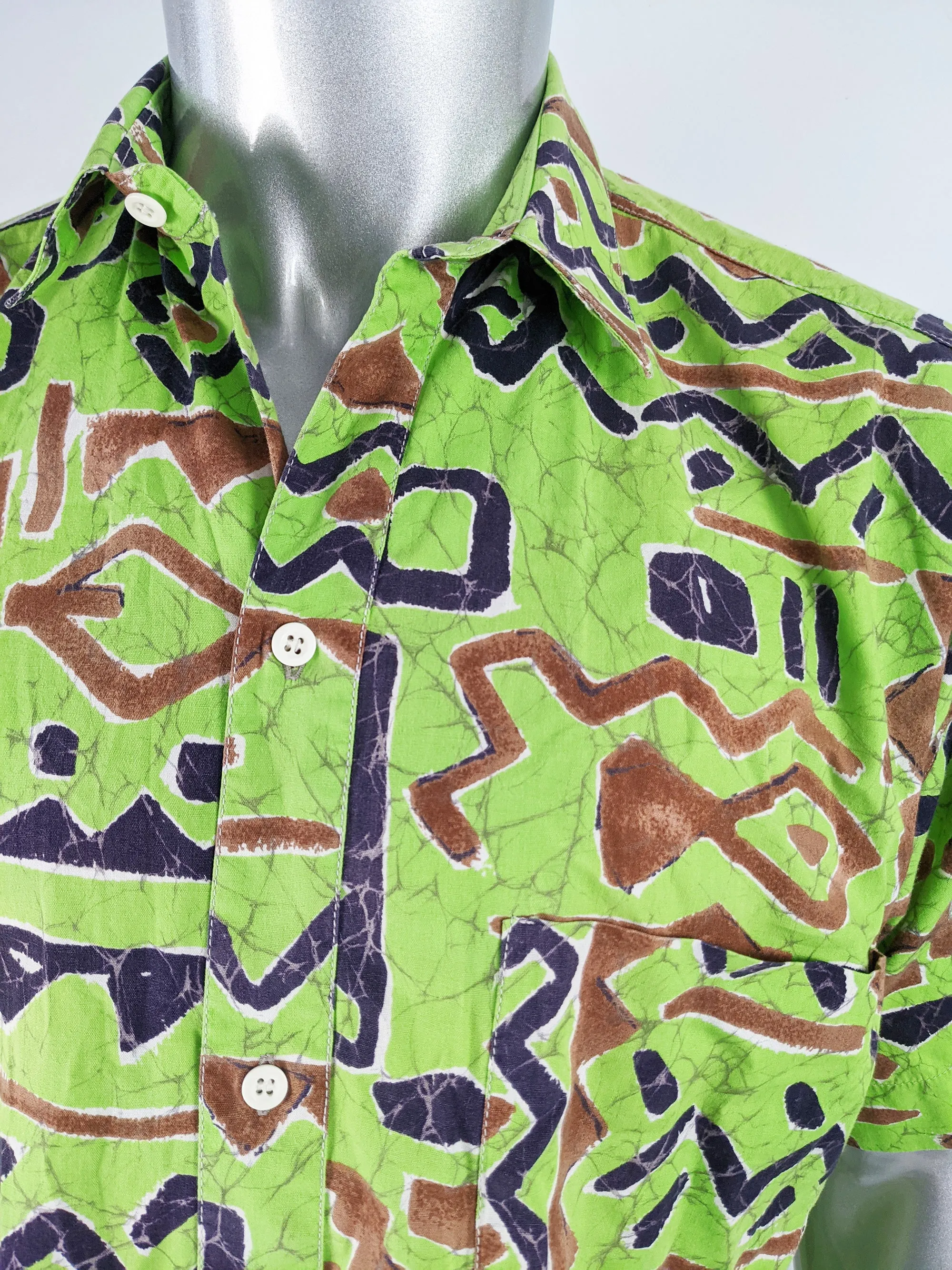 Vintage Mens Green Abstract Print Hawaiian Shirt, 1980s