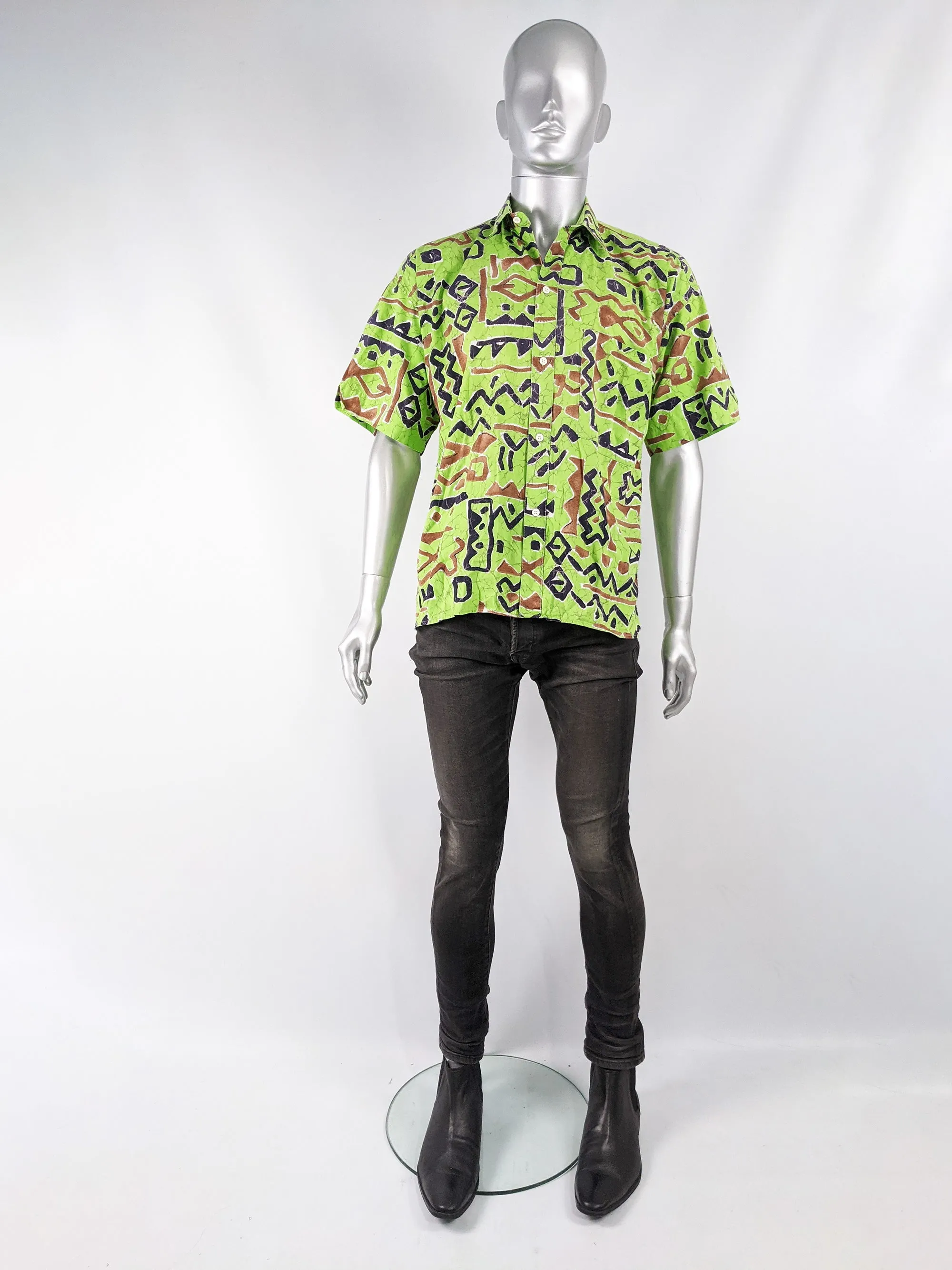 Vintage Mens Green Abstract Print Hawaiian Shirt, 1980s