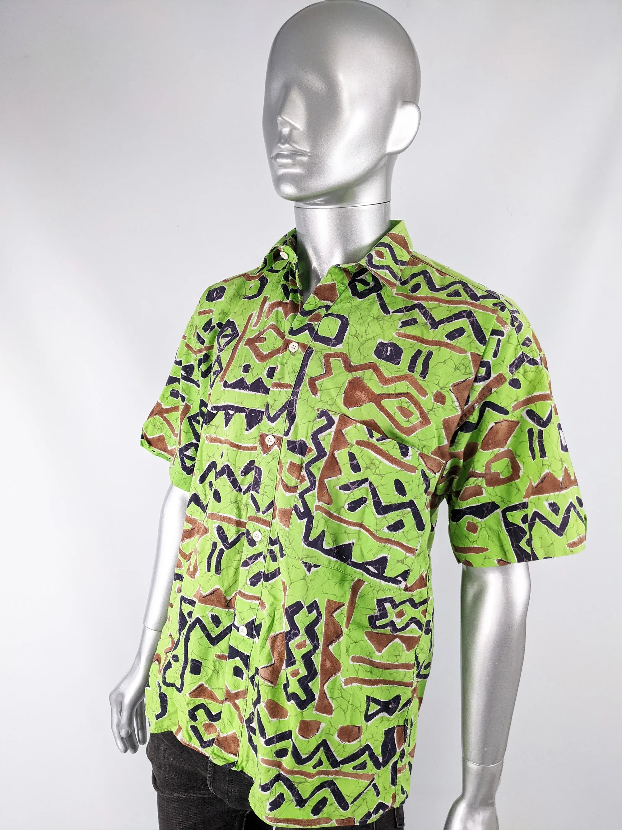 Vintage Mens Green Abstract Print Hawaiian Shirt, 1980s
