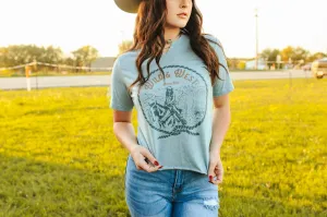 Wild & West Raw Cut Hem and V-neck Graphic Tee