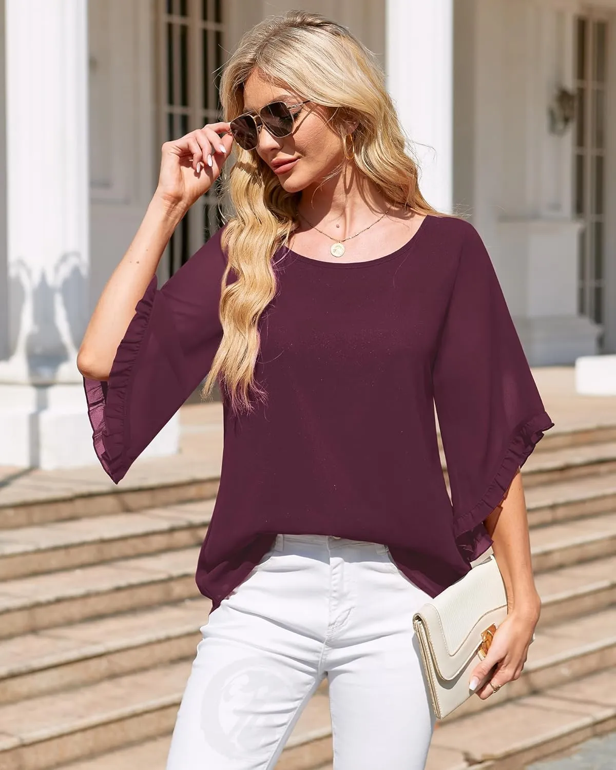 Women's 3/4 Ruffle Sleeve Blouse Tops Double Layers Flowy Shirts Elegant Chiffon Blouses