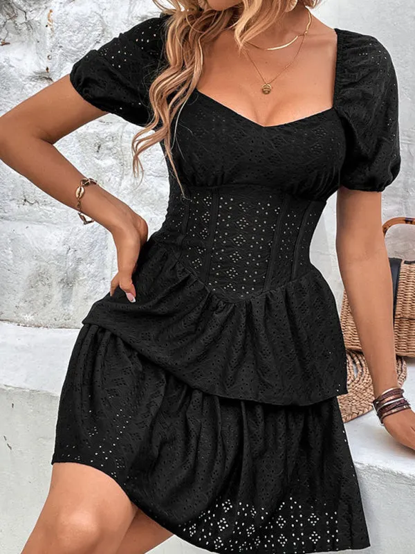 Women's French Retro Solid Color Tunic Square Neck Puff Sleeves Layered Cake Dress