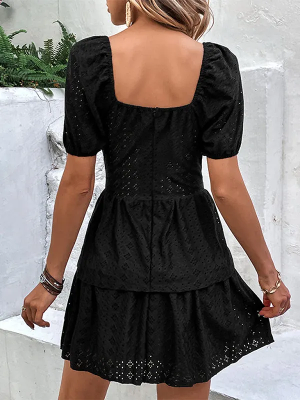 Women's French Retro Solid Color Tunic Square Neck Puff Sleeves Layered Cake Dress