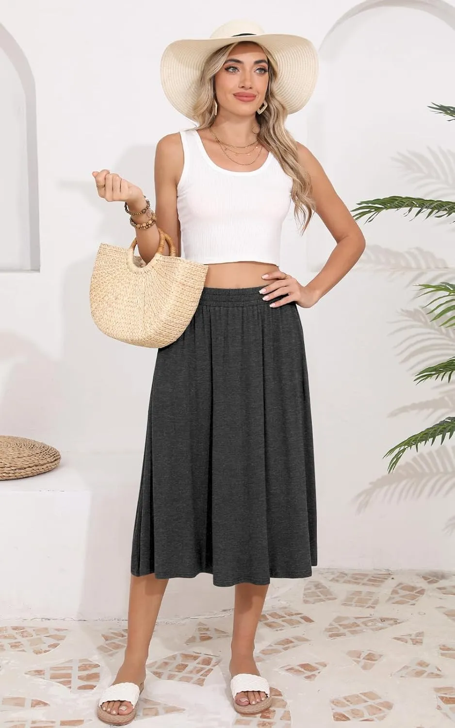 Women's Midi Skirt Summer Flowy Elastic High Waisted Casual Pleated Skirts with Pockets