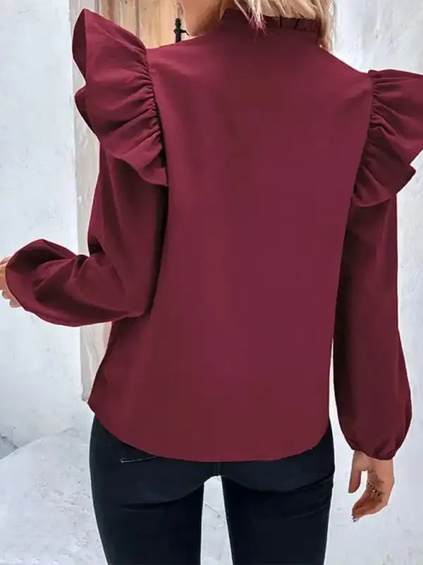 Women’s New Red V-neck Long Sleeve Solid Color Shirt Top