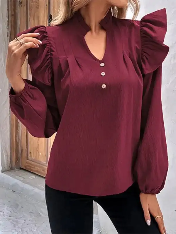 Women’s New Red V-neck Long Sleeve Solid Color Shirt Top