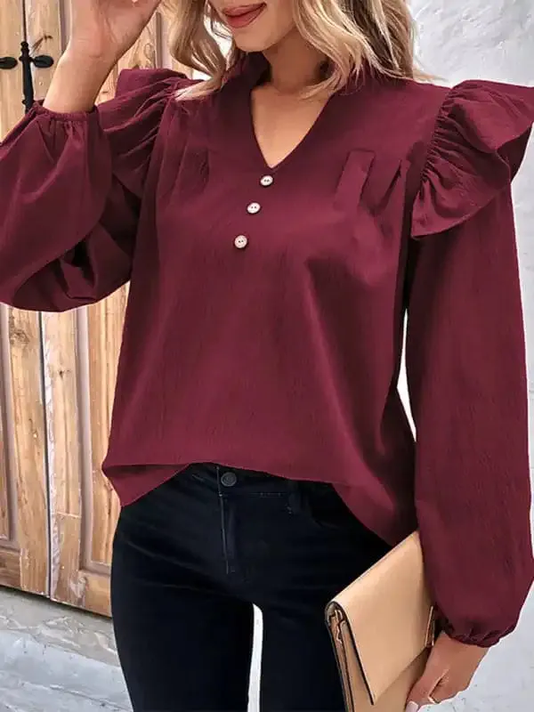 Women’s New Red V-neck Long Sleeve Solid Color Shirt Top