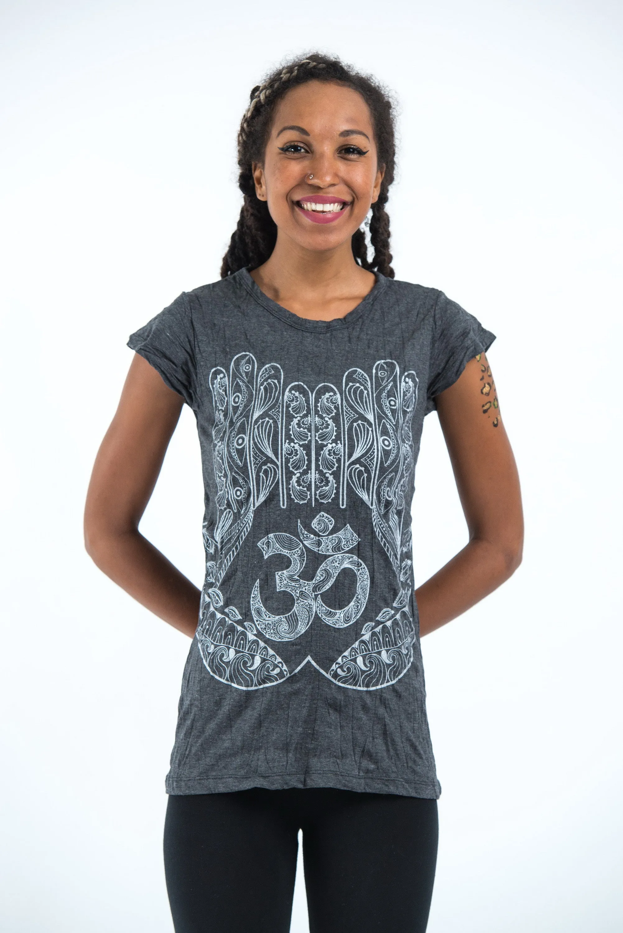 Womens Om hands T-Shirt in Silver on Black