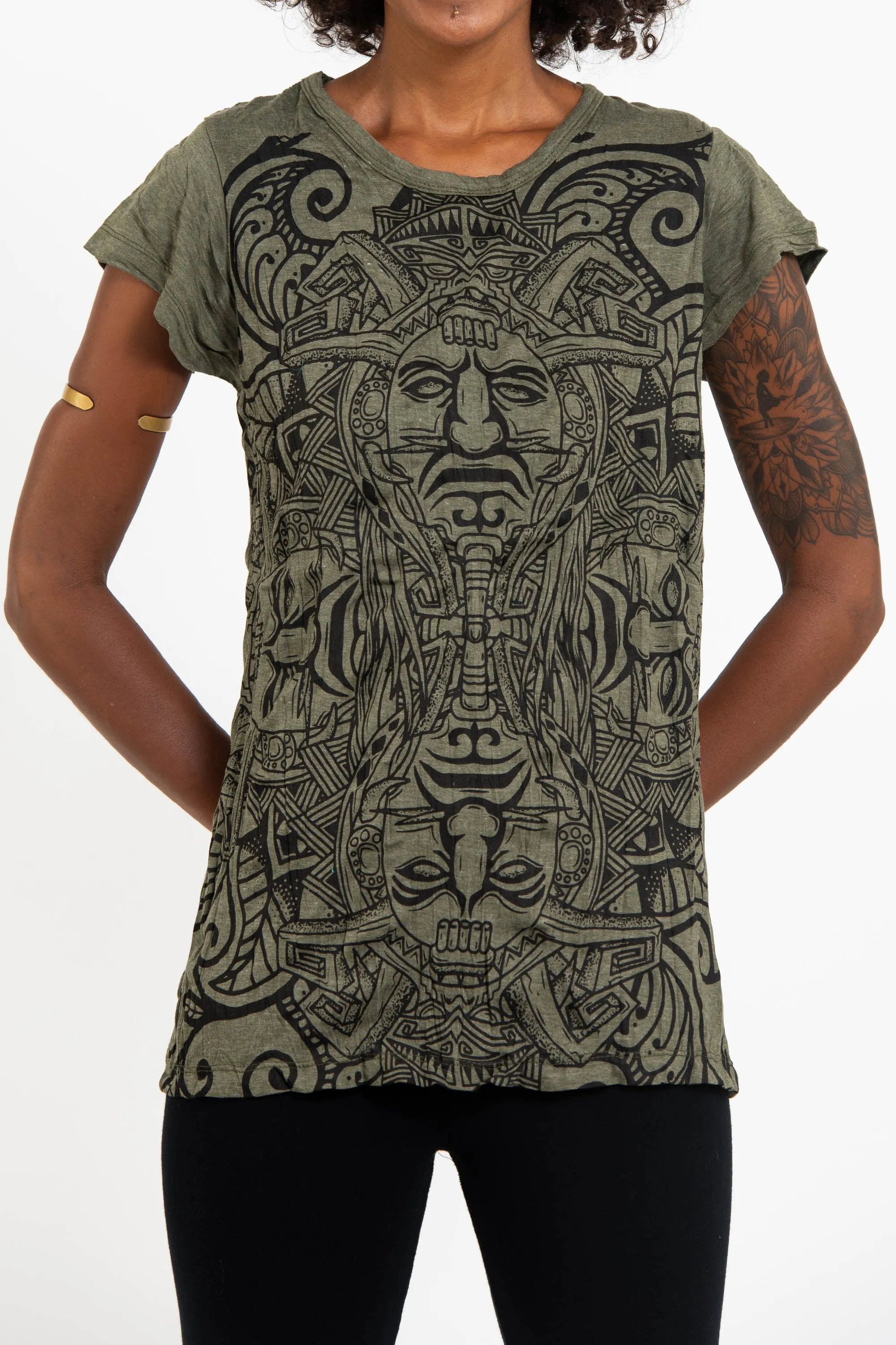 Womens Tribal Masks T-Shirt in Green