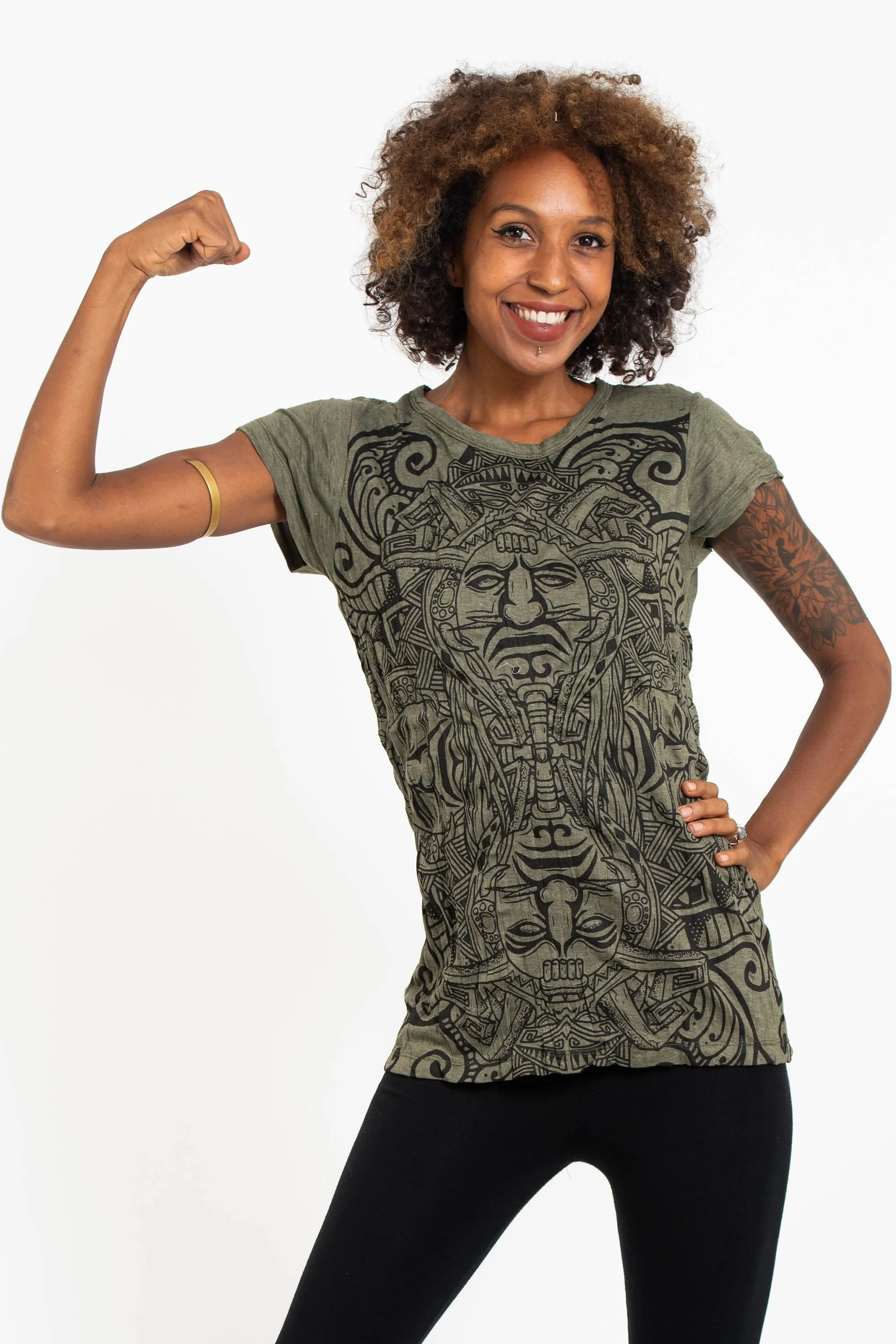 Womens Tribal Masks T-Shirt in Green