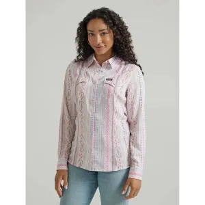 WOMEN'S WRANGLER RETRO® LONG SLEEVE SOUTHWESTERN PRINT WESTERN SNAP RAYON SHIRT IN PINK GEO