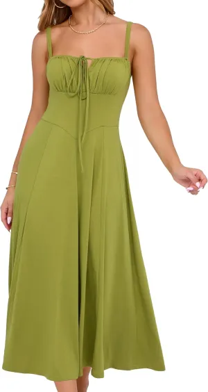 YATHON Women's Summer Midi Corset Boho Dresses Casual Floral Spaghetti Straps Lace Up Dress Flowy Aline Beach Sundress