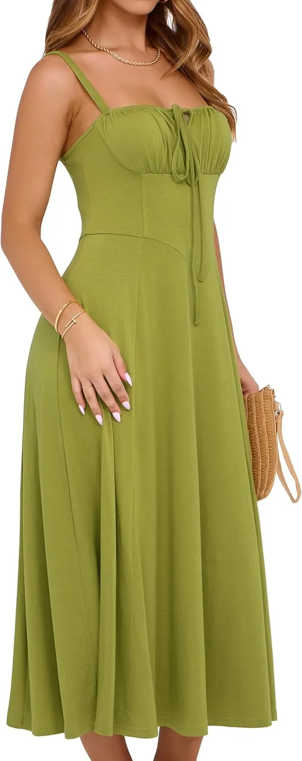 YATHON Women's Summer Midi Corset Boho Dresses Casual Floral Spaghetti Straps Lace Up Dress Flowy Aline Beach Sundress