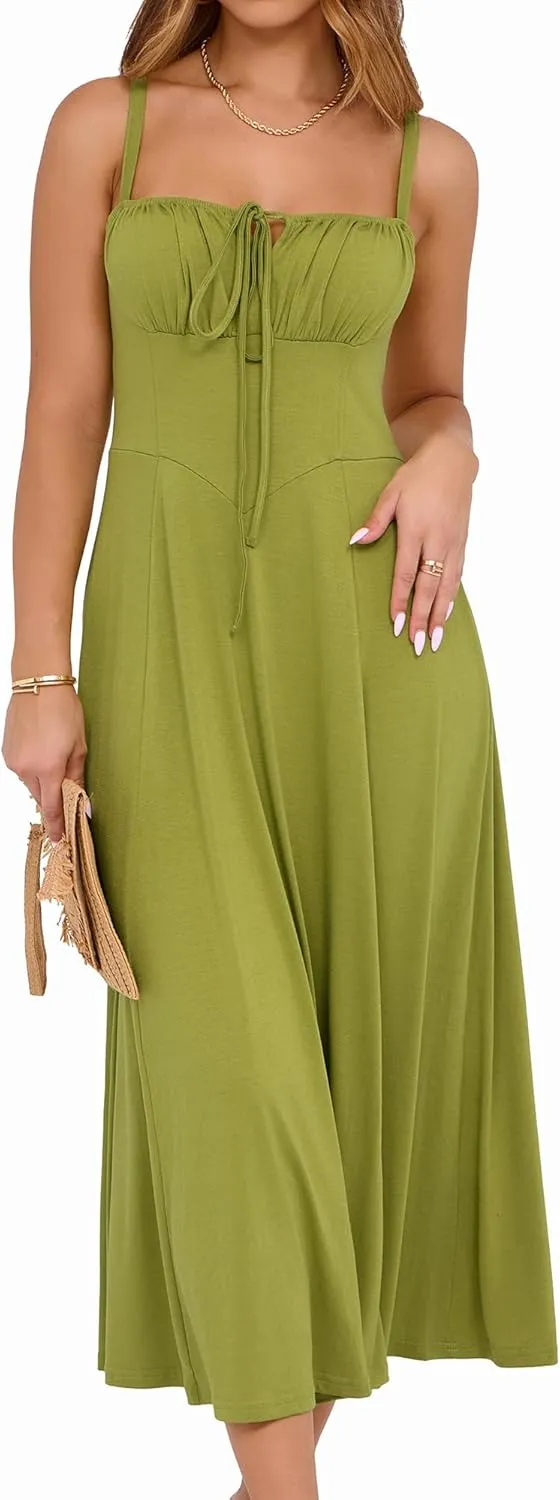 YATHON Women's Summer Midi Corset Boho Dresses Casual Floral Spaghetti Straps Lace Up Dress Flowy Aline Beach Sundress
