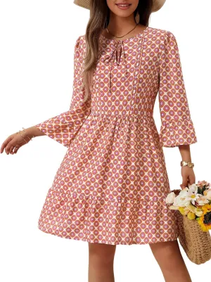 ZABERRY Womens Summer Dress 2025 Boho Drawstring 3/4 Sleeves V Neck Casual Floral Sundress Spring Mini Dress