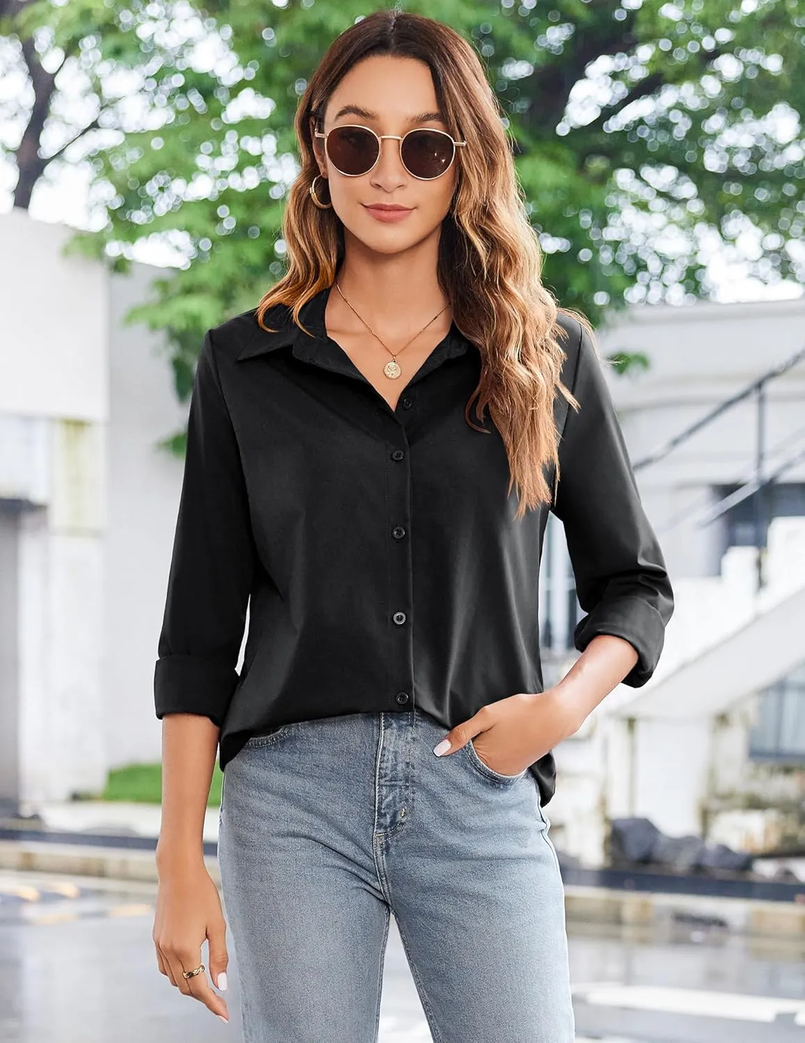 Zeagoo Womens Button Down Shirt Long Sleeve Classic-Fit Dress Shirts Solid Work Office Blouse
